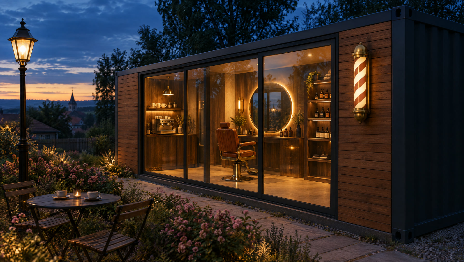 Containerul DON seara, cu geamurile luminate și colțul de cafea înăuntru