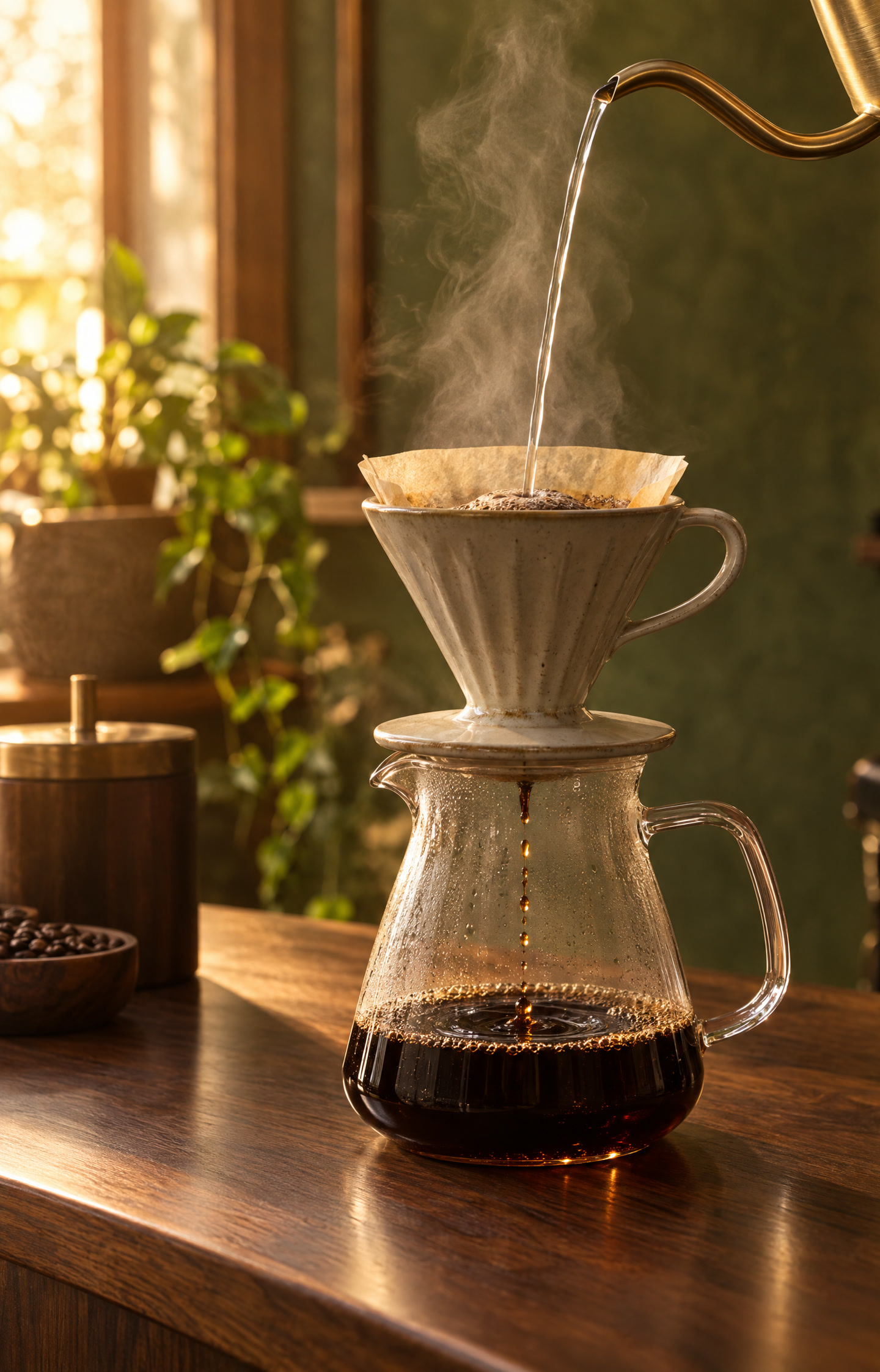 Apă caldă turnată încet peste cafeaua la filtru