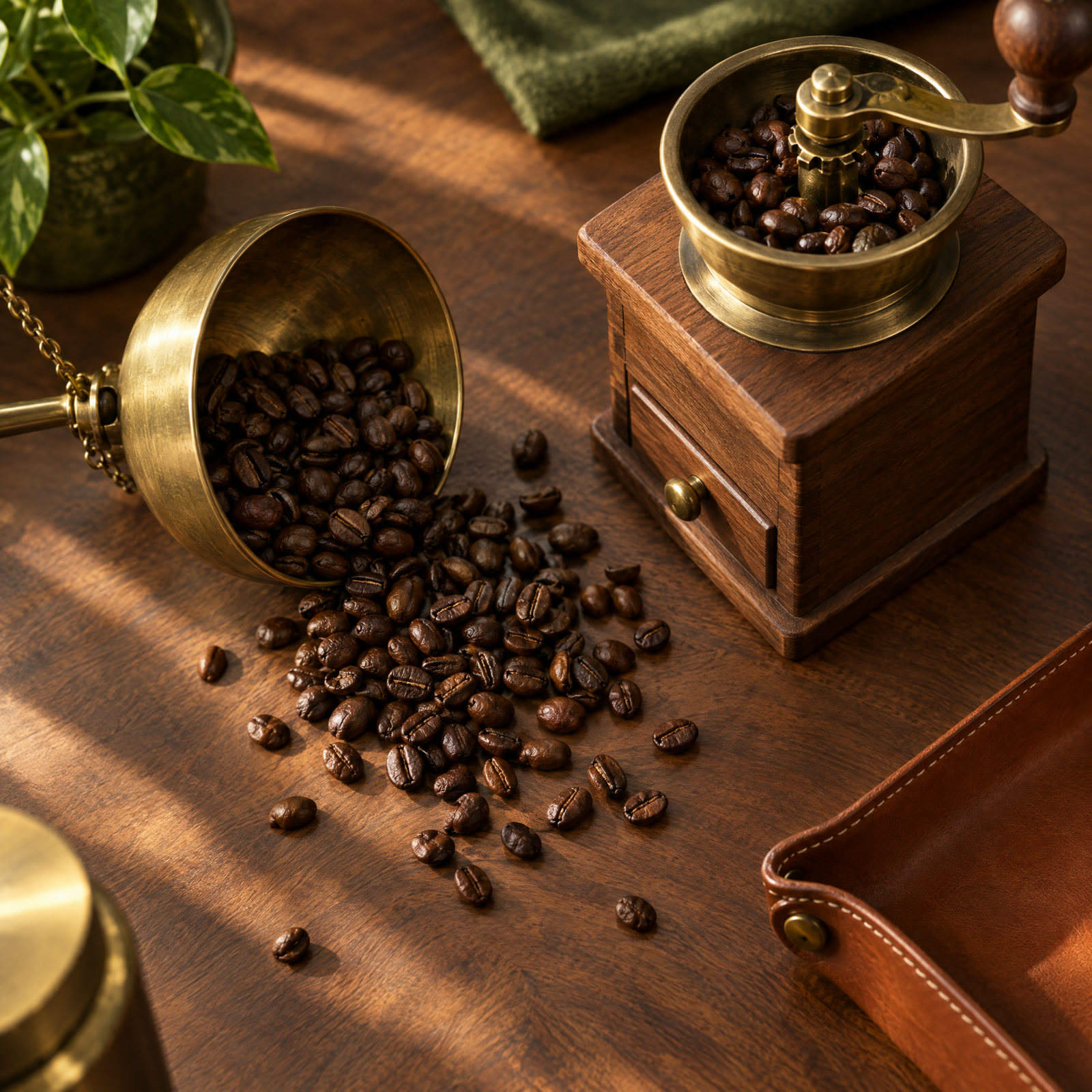 Boabe de cafea pe un cântar de alamă, lângă o râșniță manuală