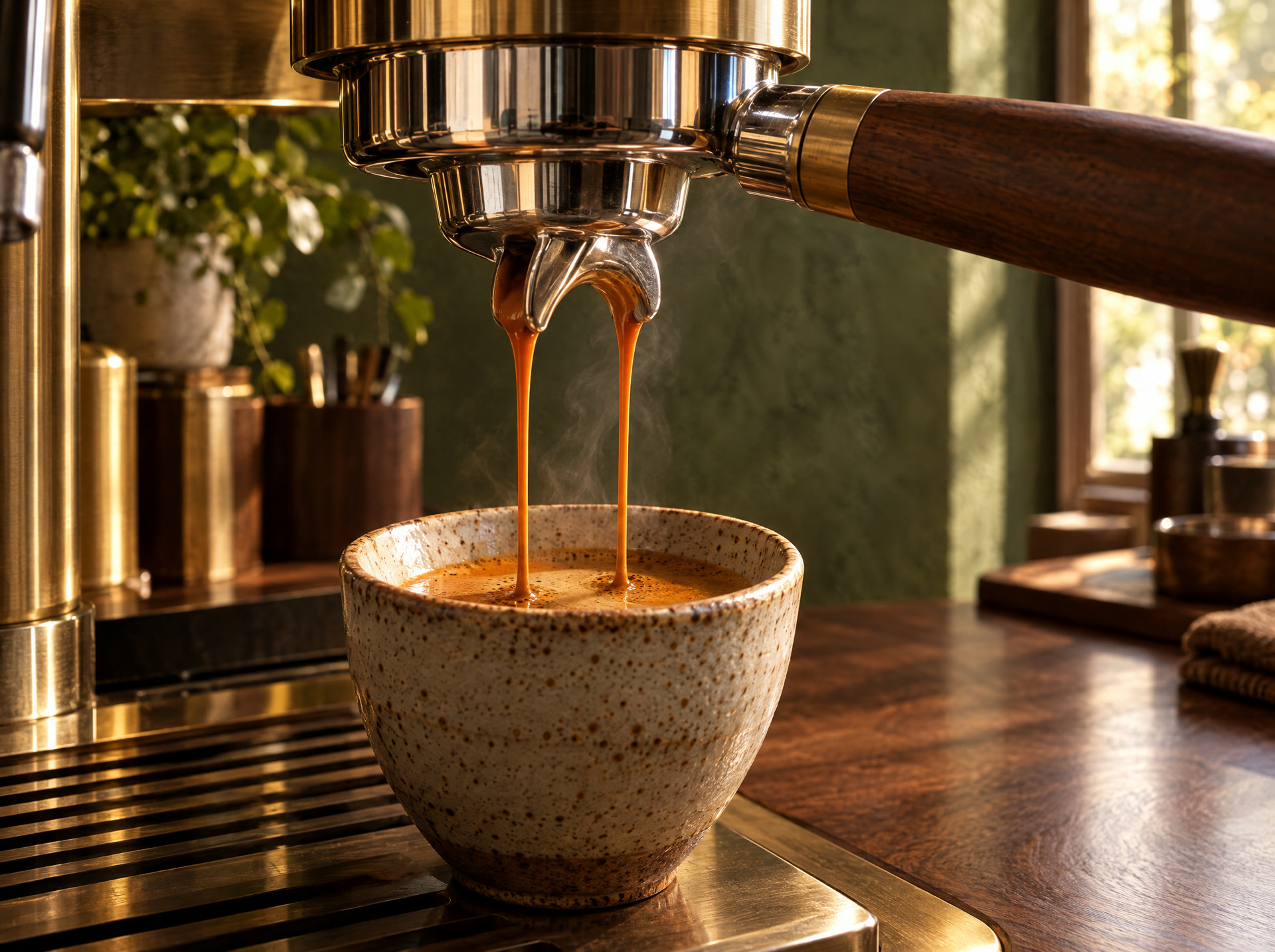 Espresso care curge în ceașcă, în lumină caldă