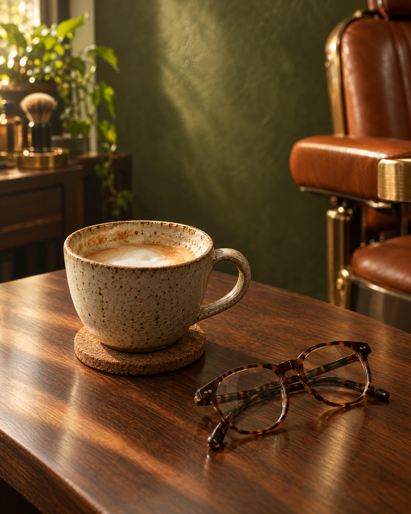 Cappuccino pe jumătate băut lângă o pereche de ochelari, pe o masă de nuc